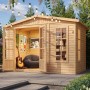Timbela Gartenhaus M334FB+H334FBRED mit rotem Dach, 6,03 m², mit Boden. Holz-Gartenhaus mit offenen Türen.