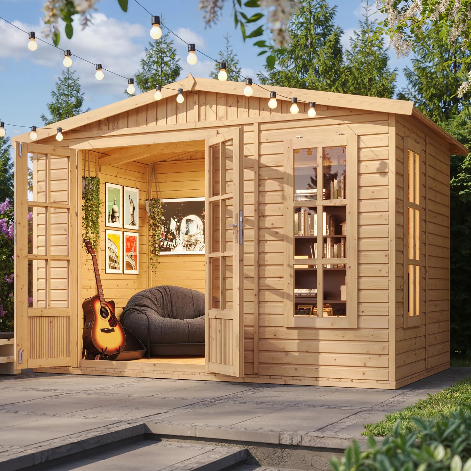 Timbela Gartenhaus M334FB+H334FBRED mit rotem Dach, 6,03 m², mit Boden. Holz-Gartenhaus mit offenen Türen.