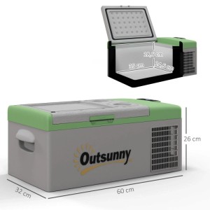 Outsunny Kompressor Kühlbox, grau/grün, aus Kunststoff. Außenansicht mit Maßen und offenem Innenraum für Autozubehör.