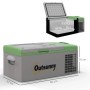 Outsunny Kompressor Kühlbox, grau/grün, aus Kunststoff. Außenansicht mit Maßen und offenem Innenraum für Autozubehör.