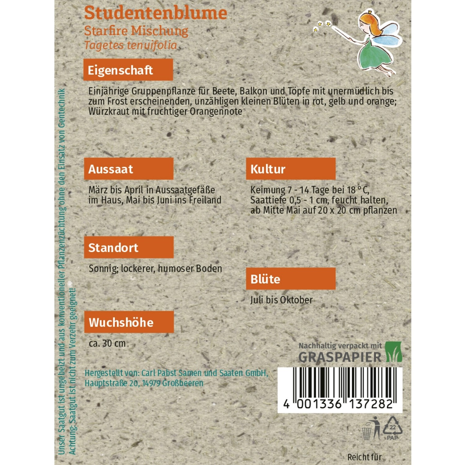 Saatguttütchen Grüne Fee Studentenblume Starfire Mischung für farbenfrohe Sommerblumen.