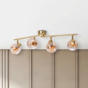 Näve Libby Deckenleuchte mit 4 amberfarbenen Glas-Spots und matter Messingoptik.