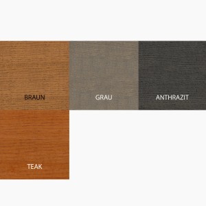 Farbmuster von Bondex Wetterschutz-Öl: Teak, Braun, Grau und Anthrazit.