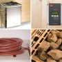 Zubehör für Weka Massivholzsauna Valida Eck: Ofen, Steuerung, Kabel und Saunasteine.