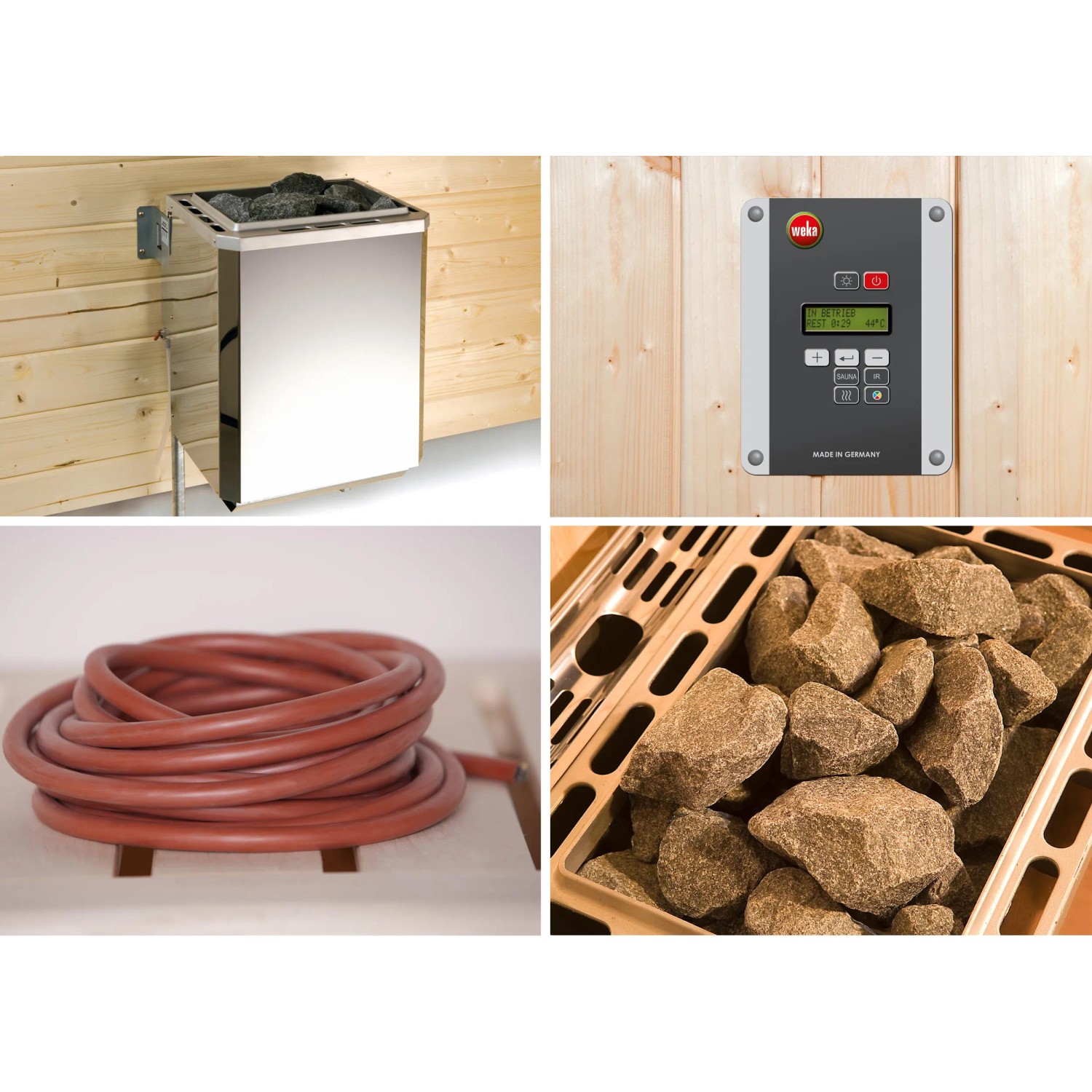 Zubehör für Weka Massivholzsauna Valida Eck: Ofen, Steuerung, Kabel und Saunasteine.