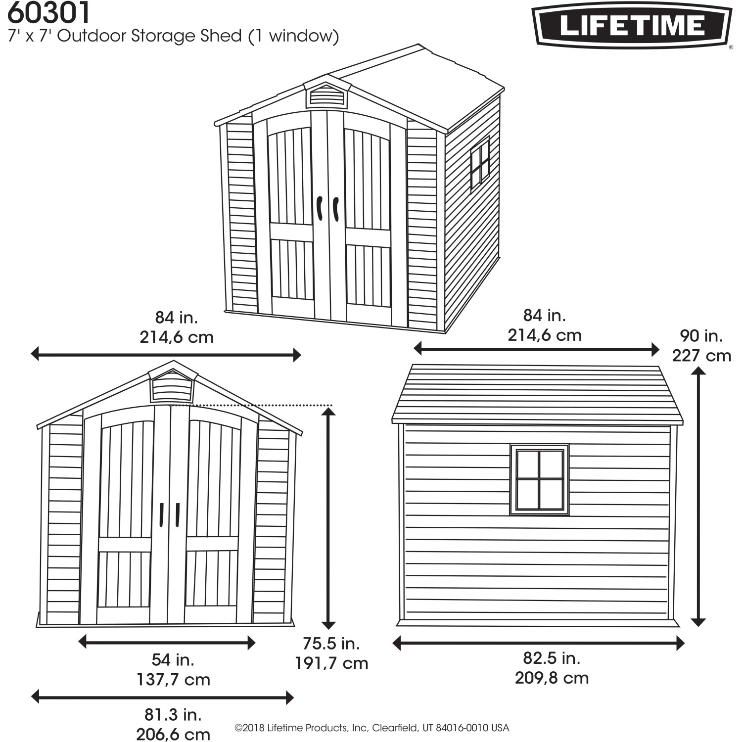 Skizze Lifetime Gerätehaus Stella 4,55 m² mit Maßen, ideal zur Gartenaufbewahrung.