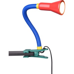 Bunte Trio Klemmleuchte Flexo: Flexible Lampe mit rotem Schirm, blauem Hals und grüner Klemme.