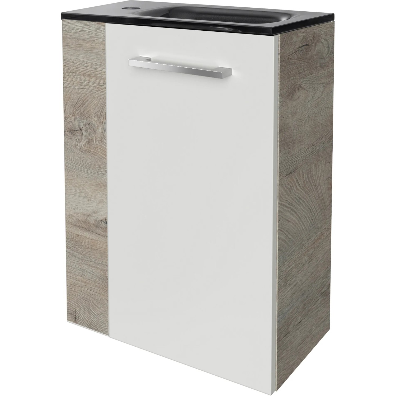 Fackelmann Waschbeckenunterschrank SBC Eiche Natur, 44 cm breit, mit weißer Tür und Griff.