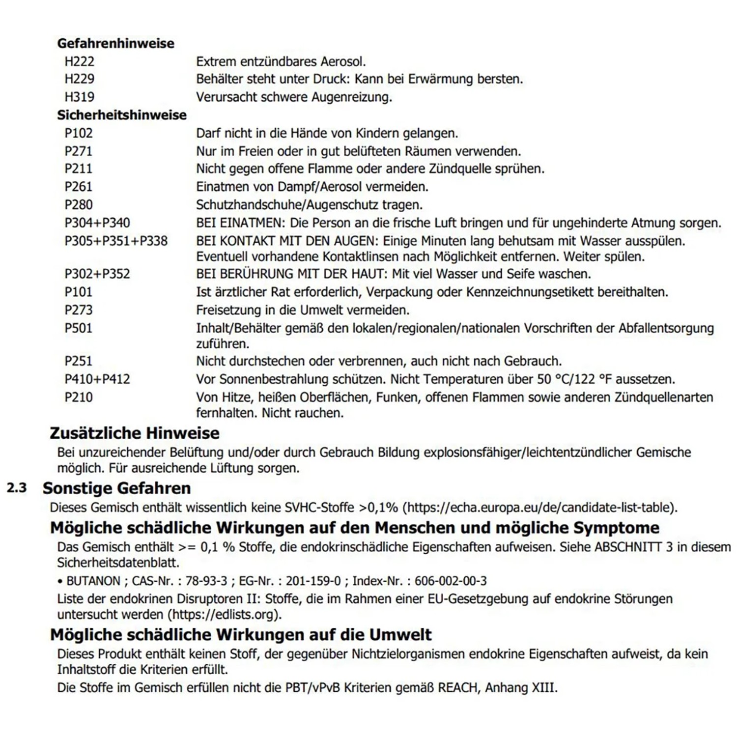 Sicherheitshinweise und Gefahrenhinweise für Spraydosen, Warnhinweise beachten.