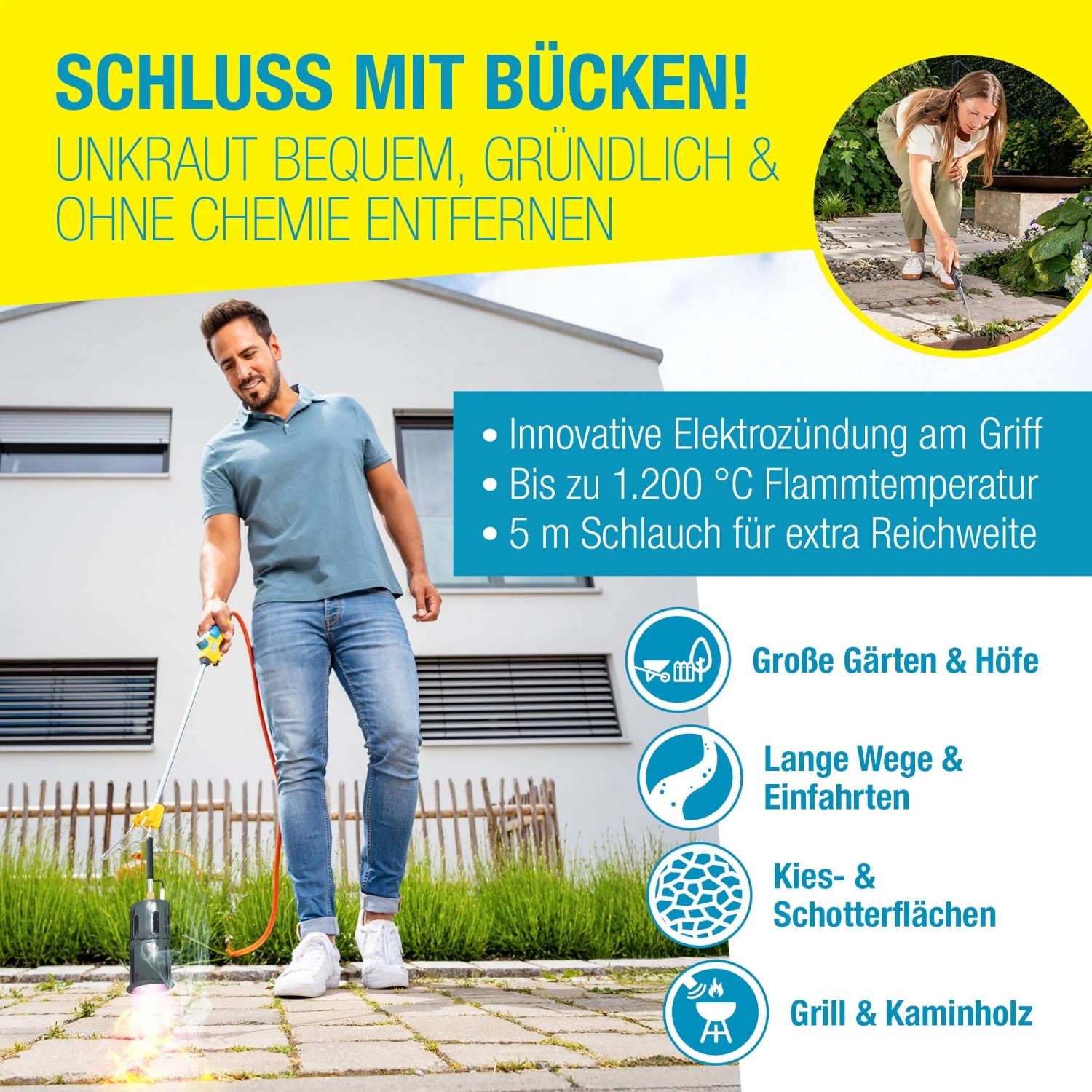 Mann nutzt Gloria Thermoflamm bio Professional E+ Turbo Unkrautbrenner mit Schlauch und Lanze zur Unkrautbeseitigung.