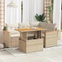 Beige 5-tlg. Garten-Sofagarnitur aus Rattan mit Tisch und Kissen. Gartenmöbel für Terrasse und Balkon.