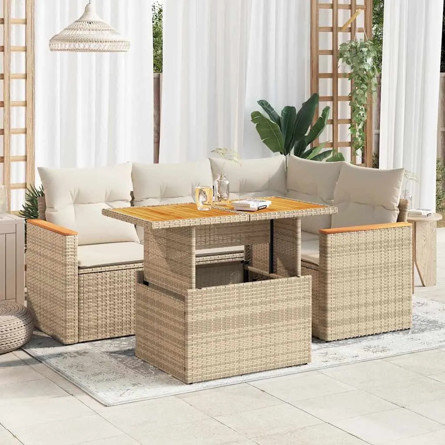Beige 5-tlg. Garten-Sofagarnitur aus Rattan mit Tisch und Kissen. Gartenmöbel für Terrasse und Balkon.