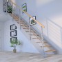 Moderne Innentreppe Kos mit 10 Eiche Natur Stufen, grauem Metallgeländer und Edelstahlstäben.