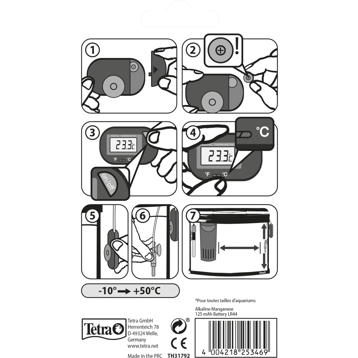 Anleitung für Tetra Aquarienthermometer TH Digital mit Schritten zur Installation und Nutzung.