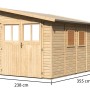 Karibu Holz-Gartenhaus Timsund, unbehandelt, mit Pultdach und Maßangaben.