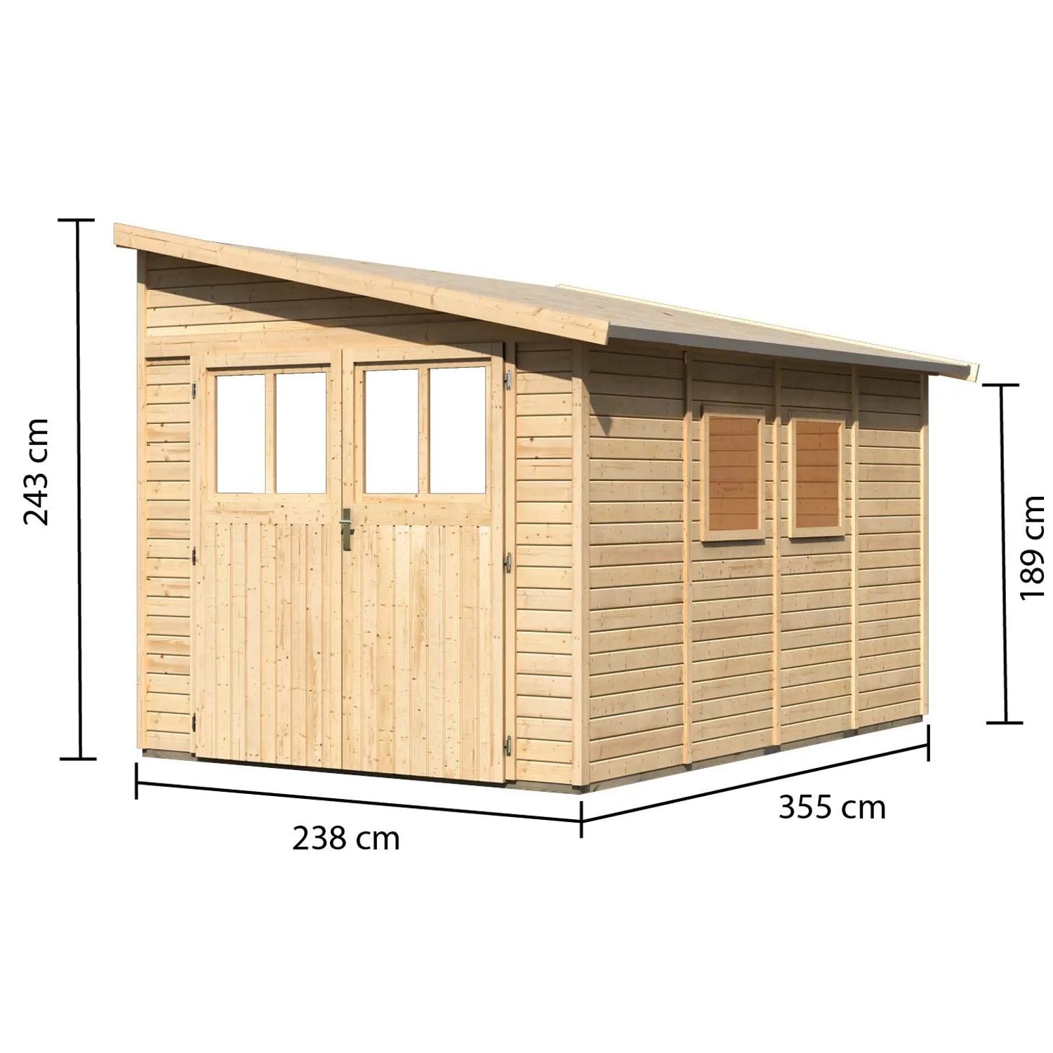 Karibu Holz-Gartenhaus Timsund, unbehandelt, mit Pultdach und Maßangaben.