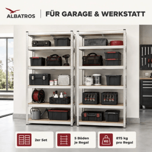 Albatros Schwerlastregal 875 Kg 180x90x40 Cm Mit 5 Verstellbaren Ablagen Silber Inkl. 4 Haken