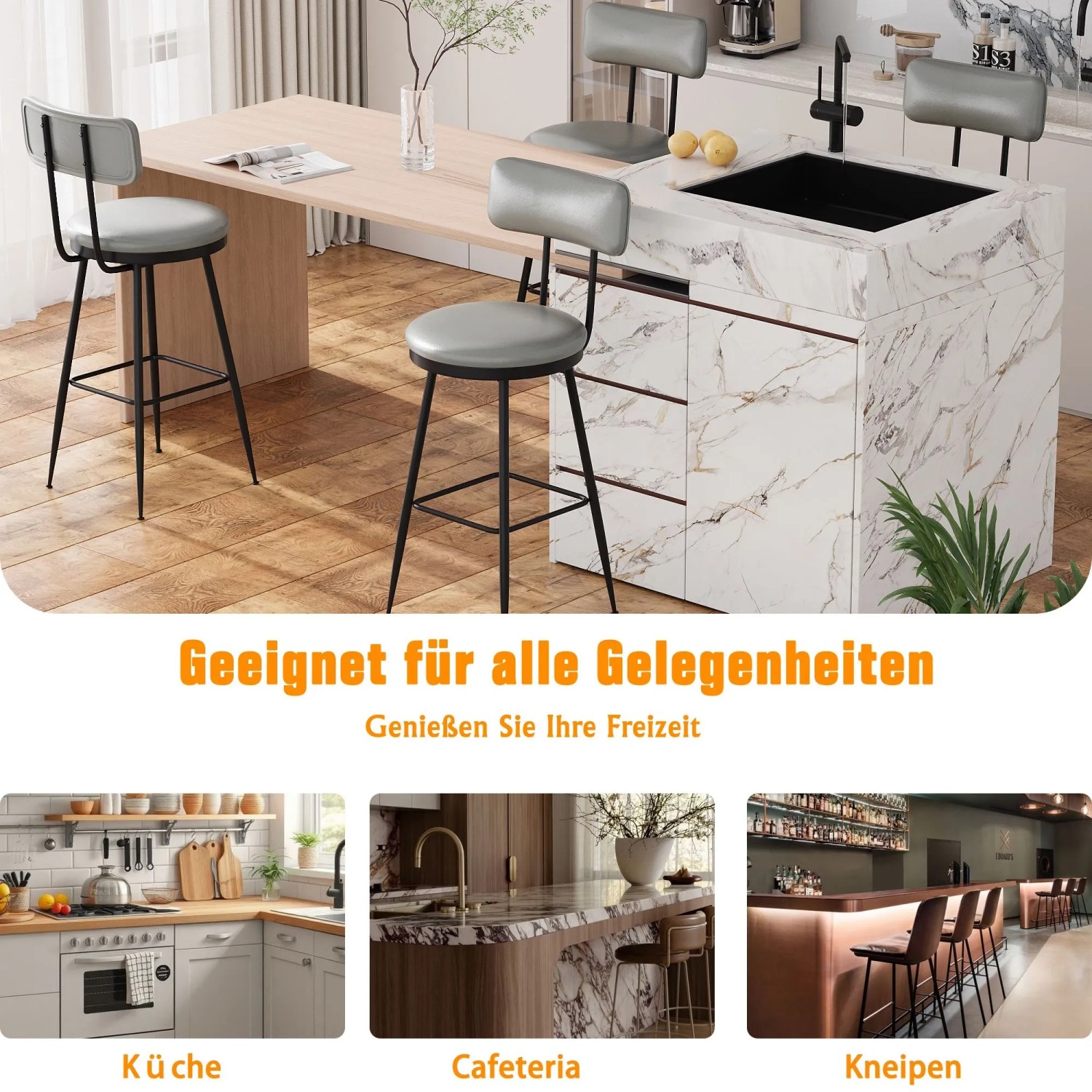 Zwei graue Kunstleder Barhocker mit schwarzem Metallgestell und Fußstütze an einer Kücheninsel. Vielseitig für Küche, Café, Bar.