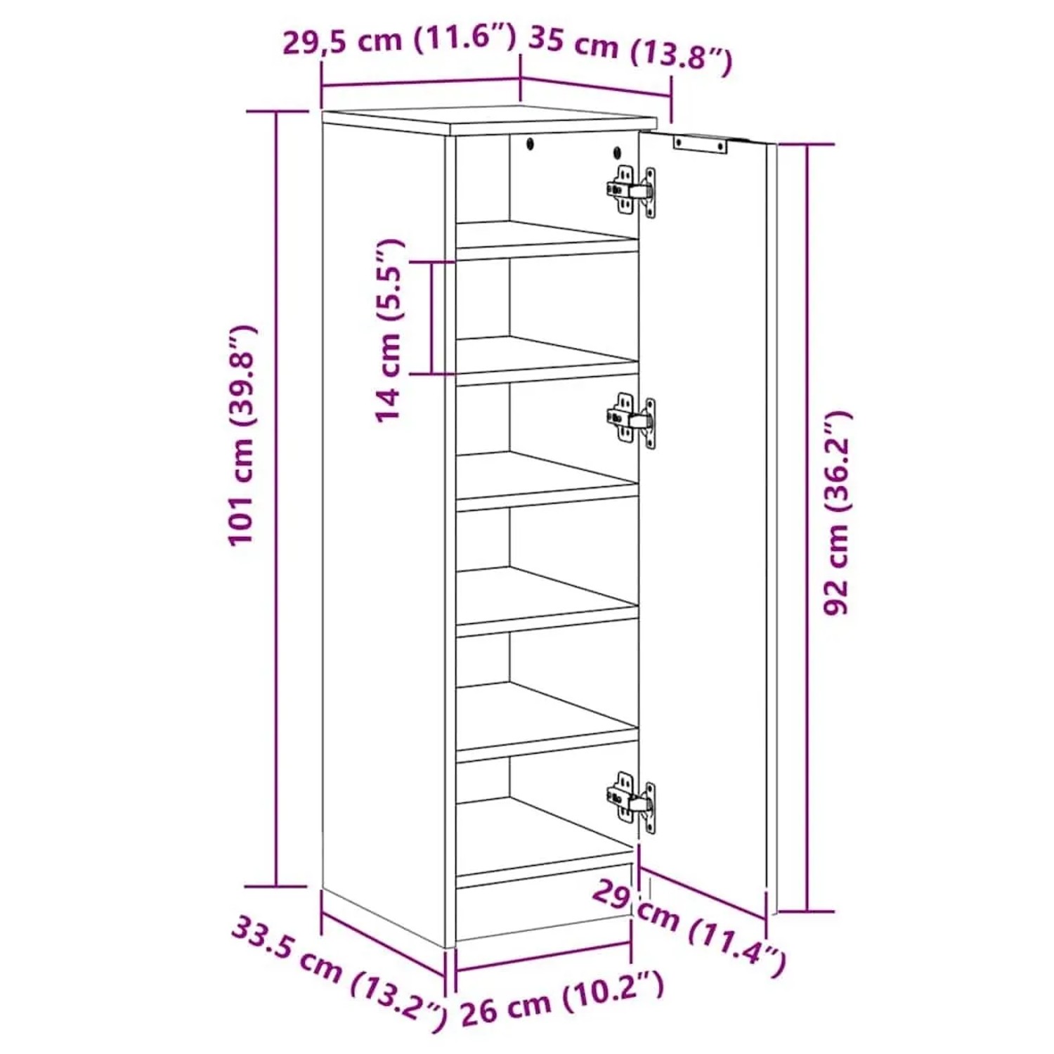 Weißer vidaXL Schuhschrank (30x35x100 cm) aus Holzwerkstoff mit offener Tür und Einlegeböden.