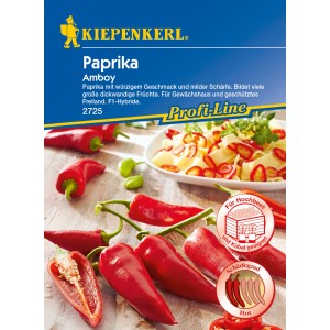 Kiepenkerl Profi-Line Paprika Amboy Samenpackung mit roten Paprika und Nudelgericht.