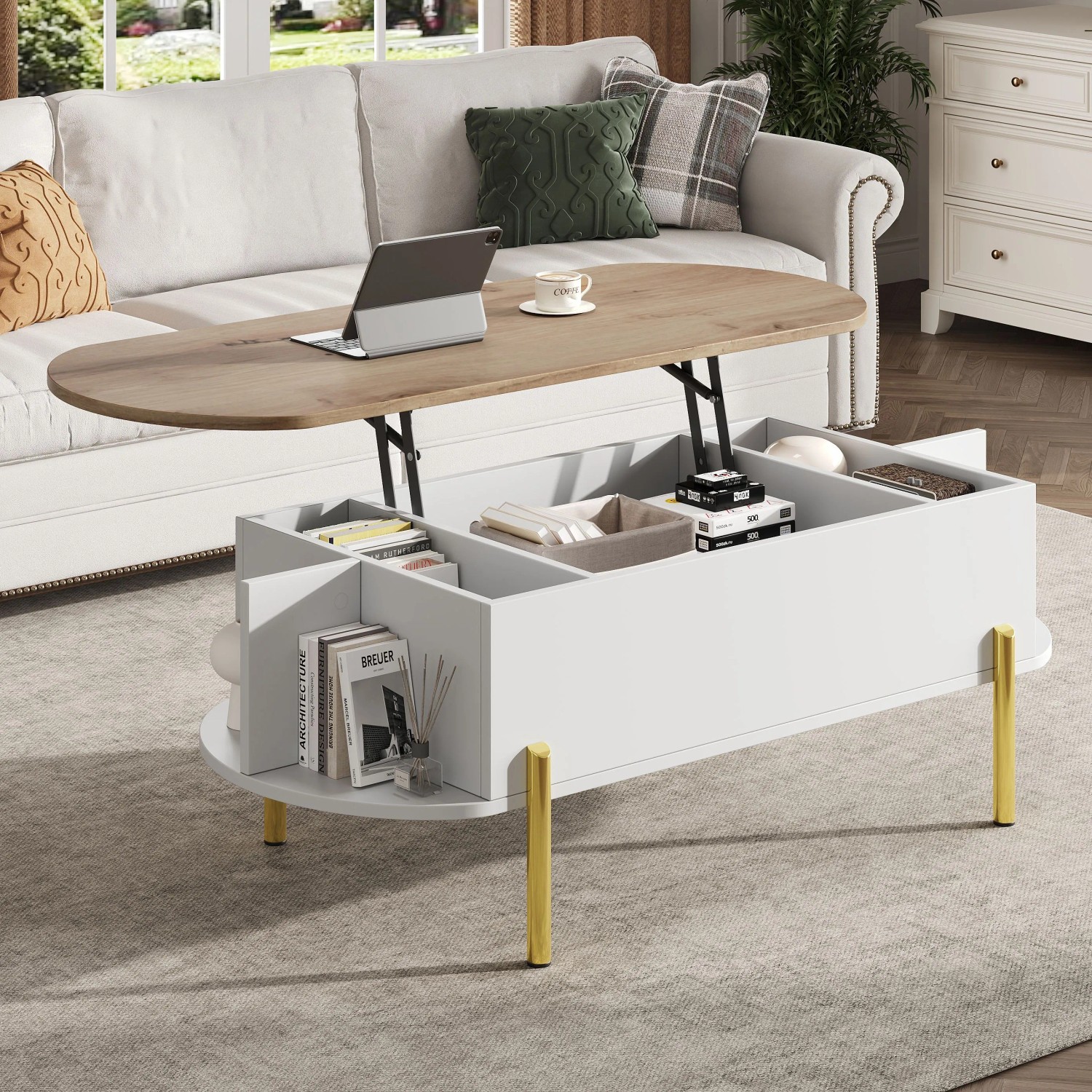 Merax Couchtisch Höhenverstellbar Mit Stauraum 7 Fächer Weiß Holzoptik