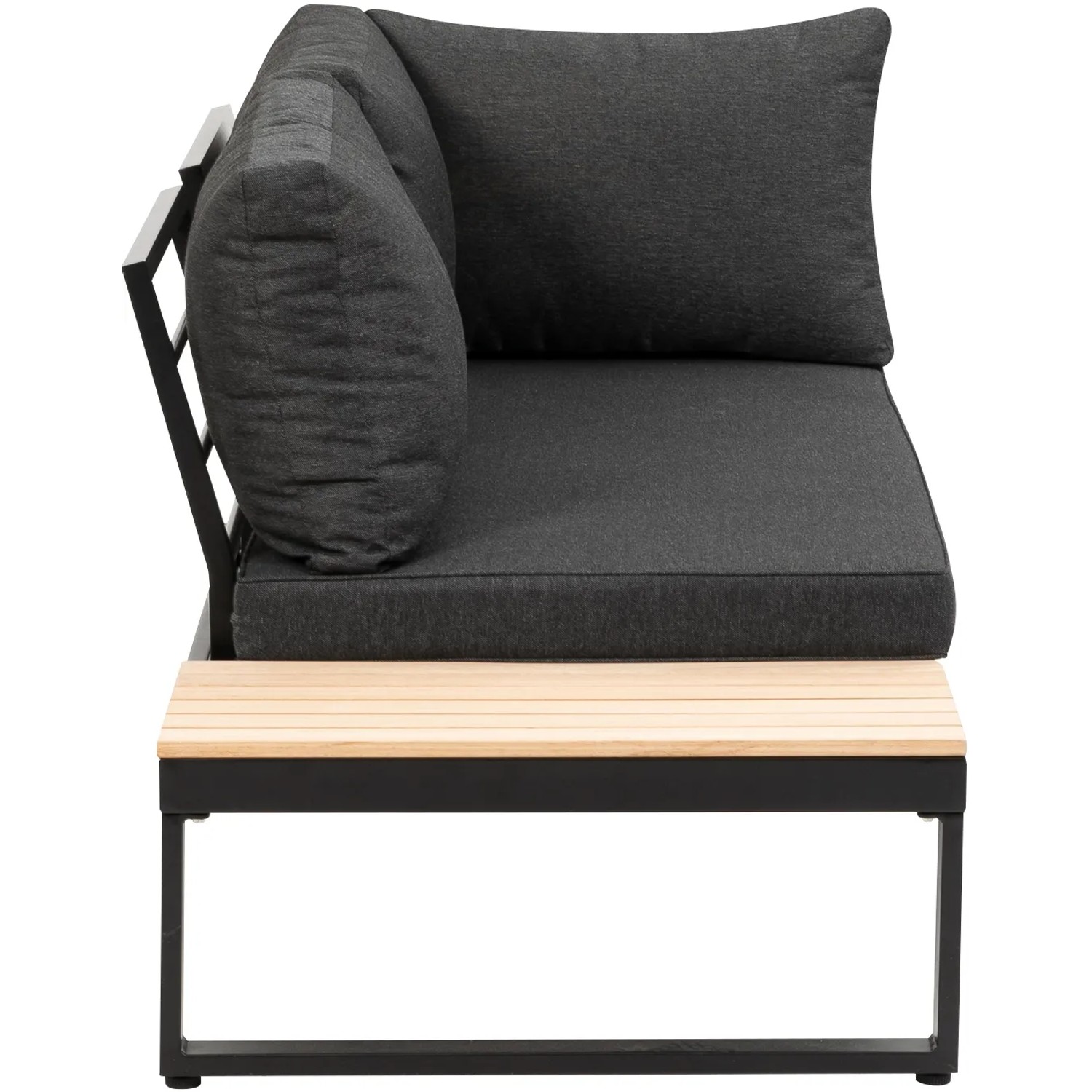 Greemotion Lounge-Set Rio, 3-teilig, Aluminium schwarz mit grauen Kissen und Holzablage.