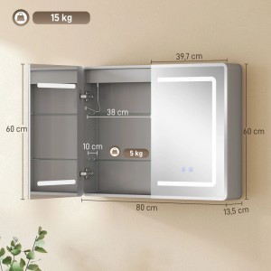 HOMCOM Spiegelschrank 80x13,5x60 cm, silber, mit LED-Beleuchtung, Touch-Steuerung, offene Türen, verstellbare Regale.