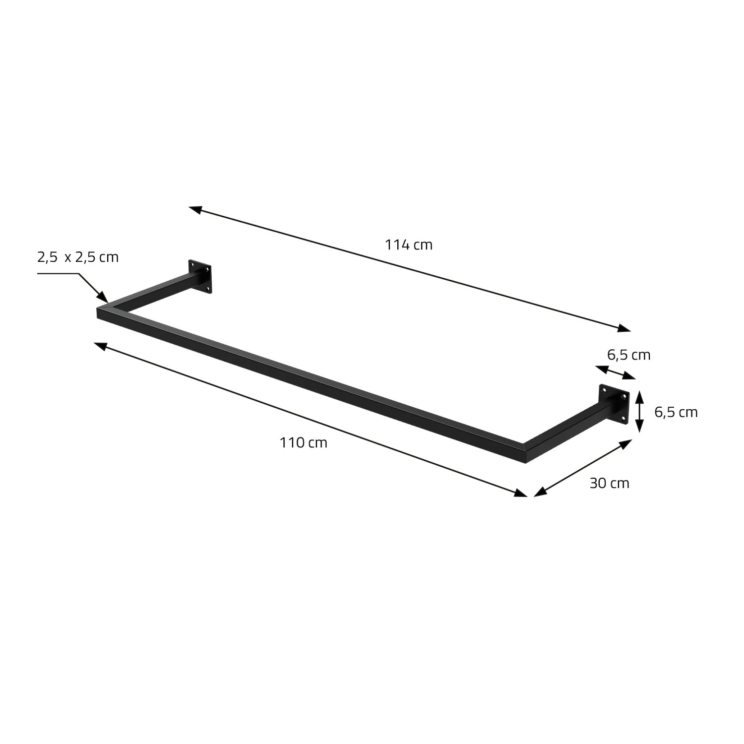 Schwarze ML-Design Kleiderstange aus Stahl, rechteckig, 110cm breit, zur Wandmontage.