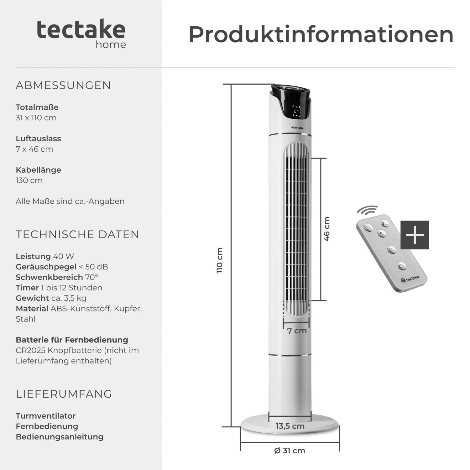 Tectake Turmventilator  Oszillierend 3 Modi und 3 Geschwindigkeitsstufen  31 x 31 x 110 cm Weiß_6