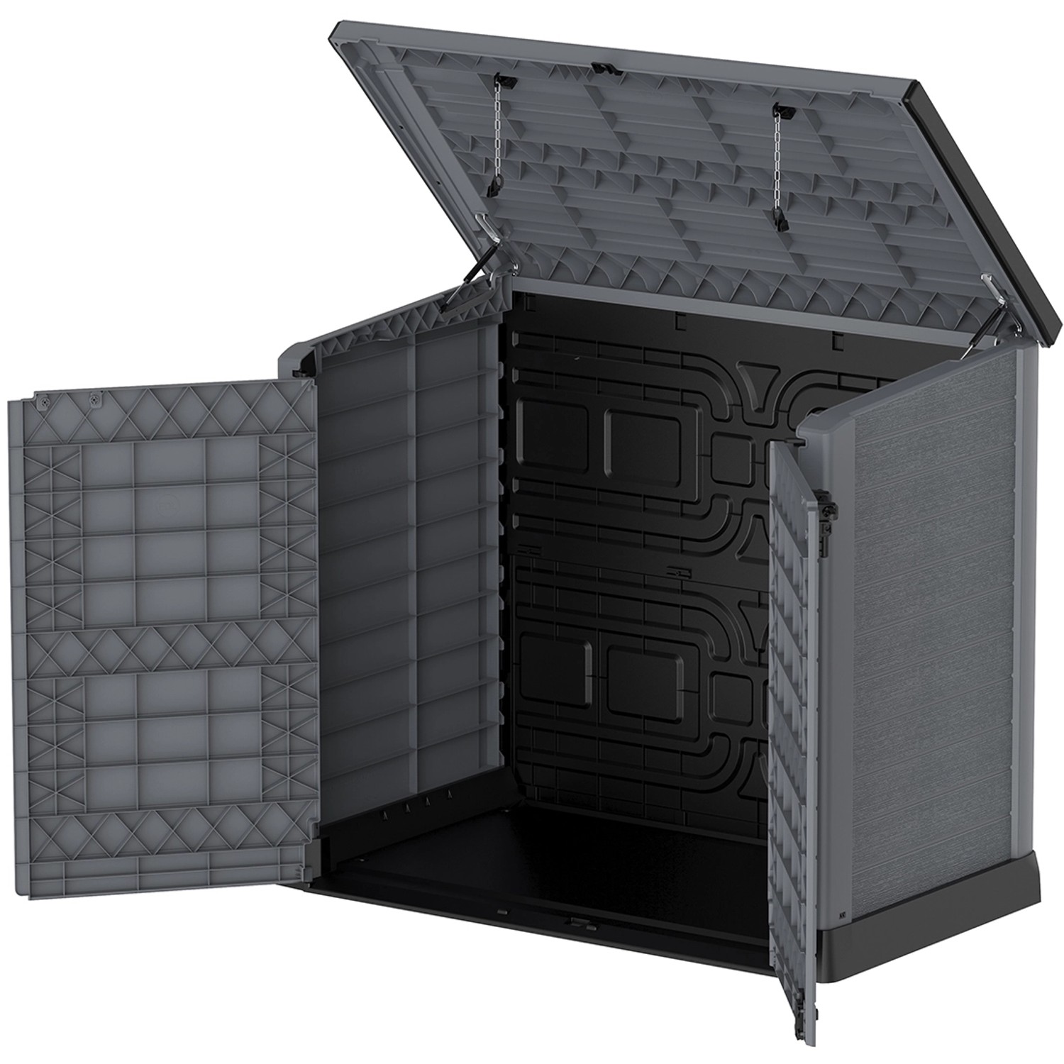 Geöffnete Duramax StoreAway Universalbox 1200 l in Anthrazit, ideal zur Gartenaufbewahrung.