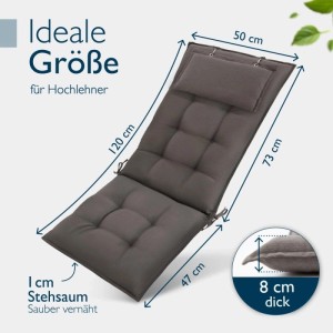 Beautissu Hochlehner Auflage Sun-HL im 2er Set, 120x50x8cm, Farbe Taupe. Gartenstuhl-Auflage mit Kopfpolster und Befestigungsschnüren.