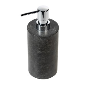 Schwarzer, runder Seifenspender aus Marmor Naturstein, 20 cm hoch.