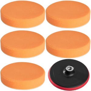 Tectake Polierschwamm Set, 6-teilig: 5 orange Polierschwämme (150mm) und 1 Polierteller.