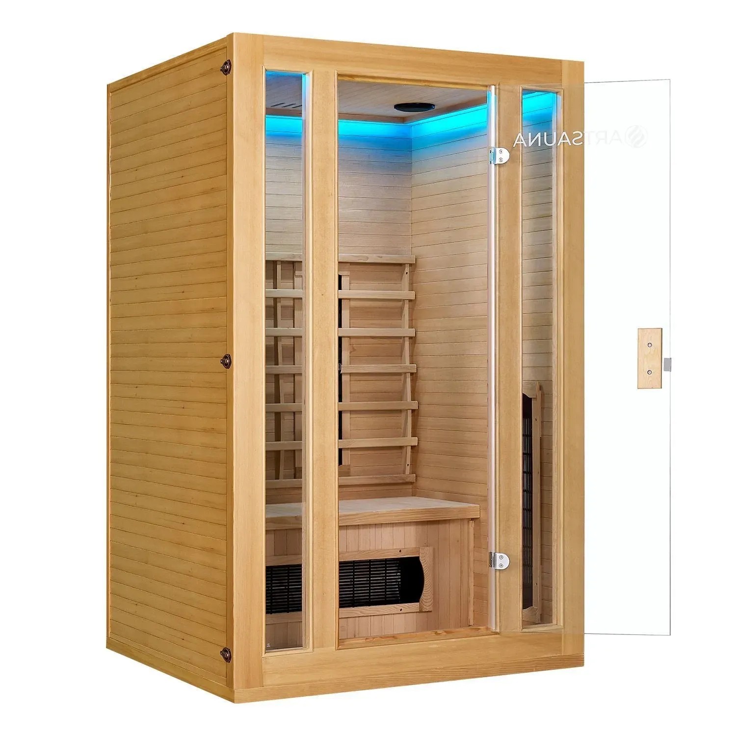 Artsauna Infrarotkabine Nyborg S120K aus Hemlockholz mit Glasfront und LED-Beleuchtung.