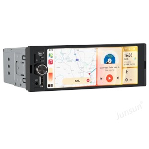 Junsun 1 DIN Autoradio mit Wireless Carplay. Großes Display zeigt Navigation & Musik. USB/AUX Anschlüsse.