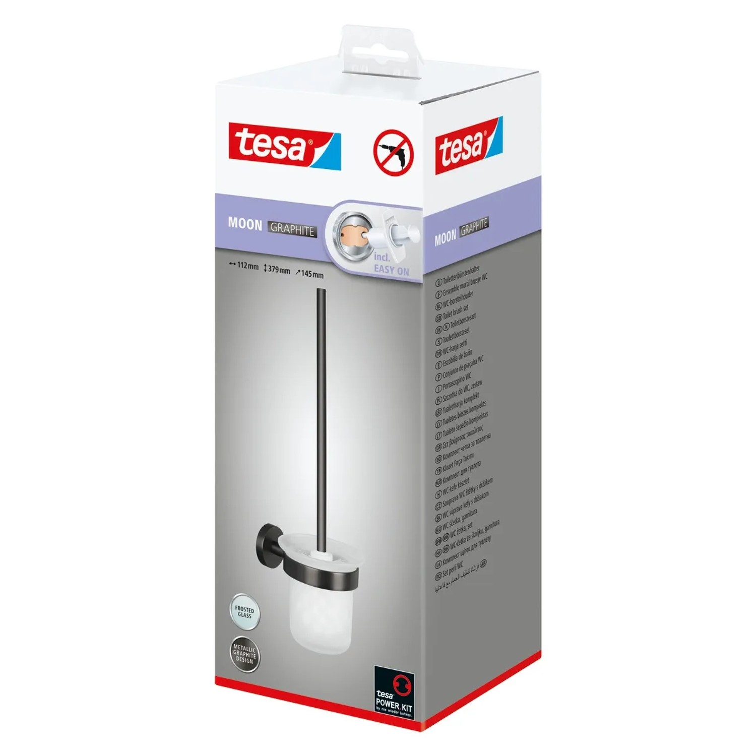 Verpackung der Tesa WC-Bürstengarnitur Moon in Graphit mit Glasbehälter und Bürste.