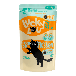 Lucky Lou Katzen-Nassfutter Adult Geflügel & Forelle, 125g Packung für ausgewachsene Katzen.