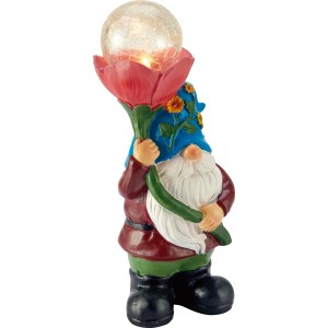 Roter LED Solar-Deko Zwerg mit leuchtender Glaskugel, 24cm hoch.