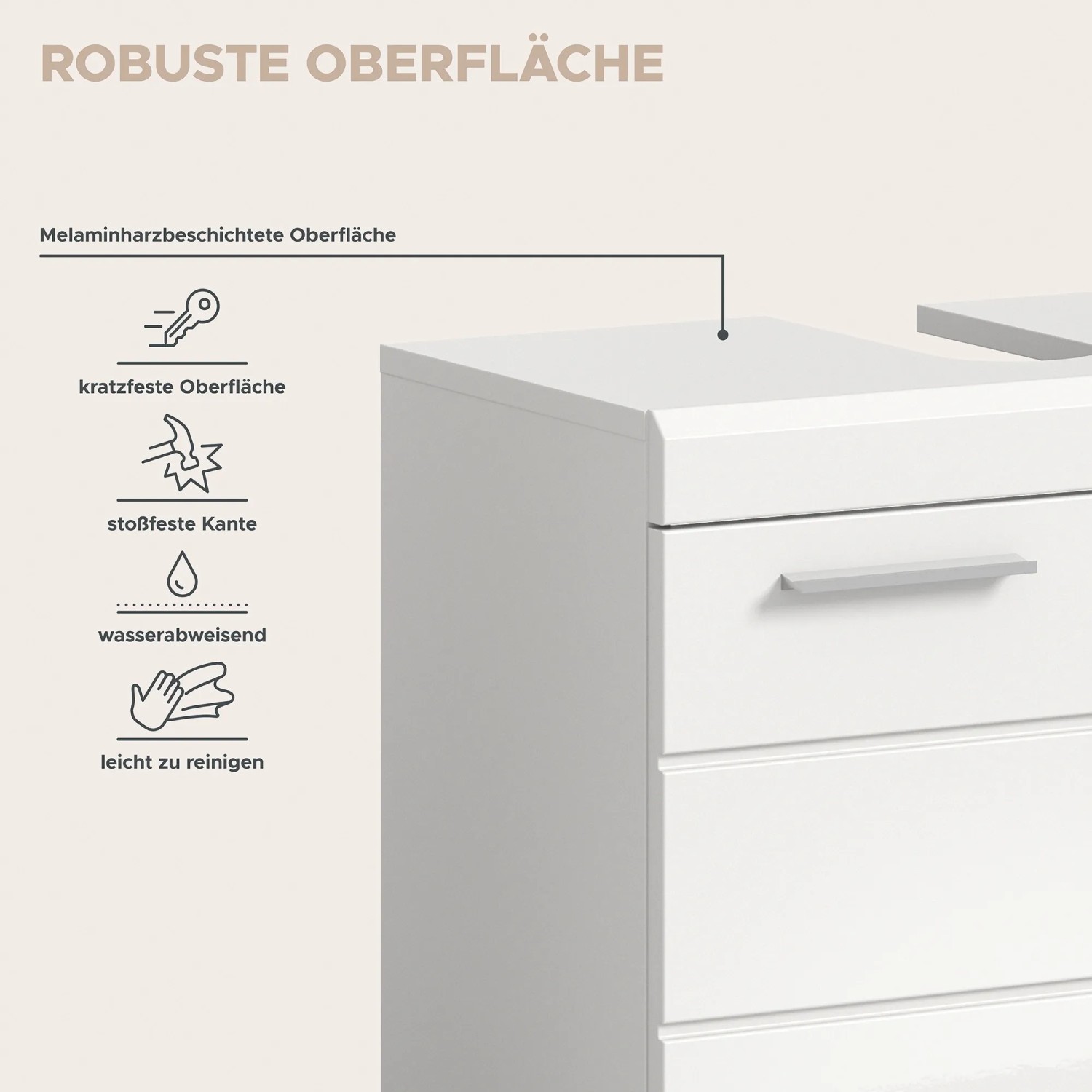 Waschbeckenunterschrank, 60cm, Weiß Hochglanz, mit Türen. Badmöbel mit Stauraum.
