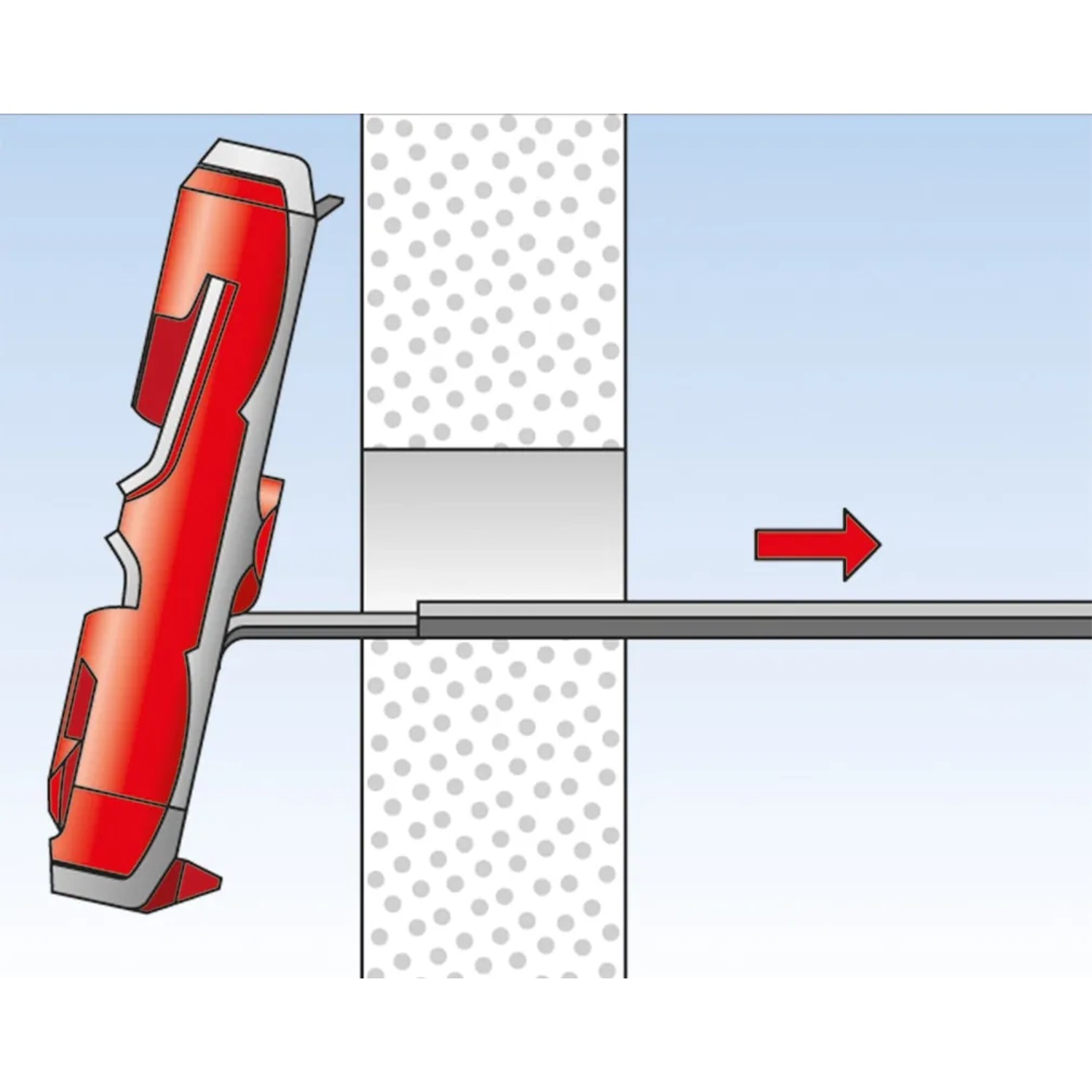 Illustration: Fischer Duotec Kippdübel in Anwendung an einer Wand. Dübel aus Kunststoff, rot/grau.