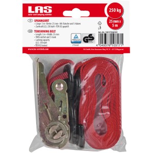 LAS Spanngurt mit Ratsche und S-Haken, 250 kg Zugkraft, rot, 5 m lang.