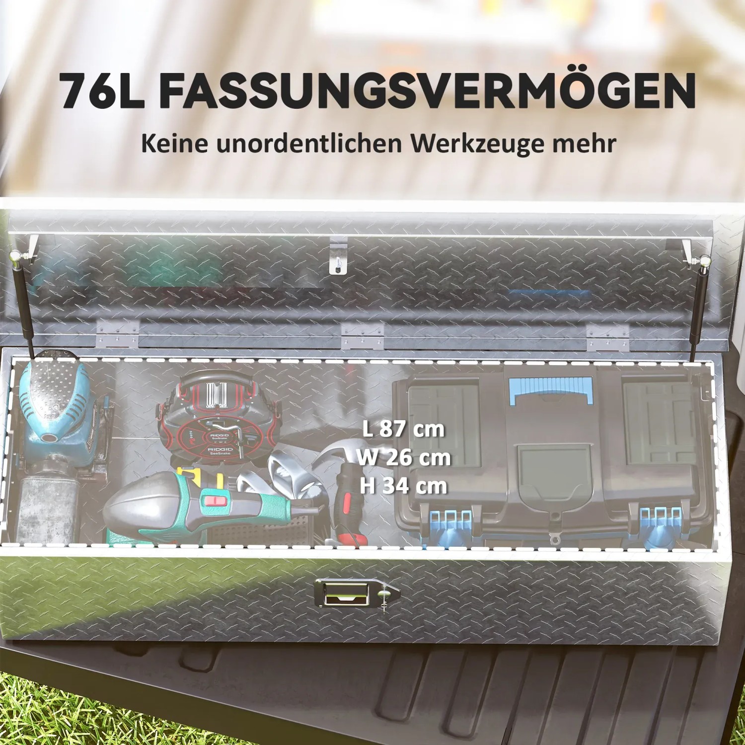 HOMCOM Gerätekasten aus Aluminium, silberfarben, mit Werkzeug gefüllt. Ideal zur Aufbewahrung.
