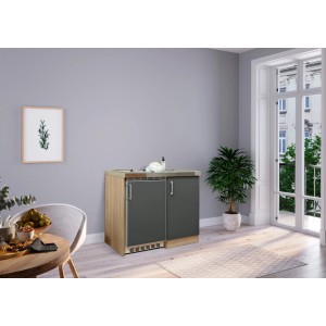 Respekta Miniküche MK100ESGC, 100 cm, Grau-Eiche Dekor mit Kühlschrank und Glaskeramikkochfeld.