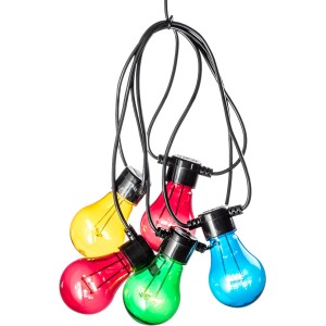 Konstsmide LED Biergartenkette mit 20 bunten Leuchtmitteln und schwarzem Kabel für den Außenbereich.