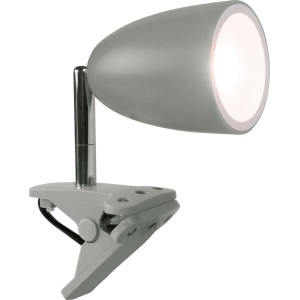 Graue LED-Klemmleuchte Vidorni mit chromfarbenem Hals, ideal als Lese- oder Tischleuchte.