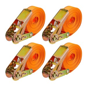 4er Set orangefarbene Spanngurte mit goldfarbener Ratsche aus Stahl und Polyester, je 6 m lang.