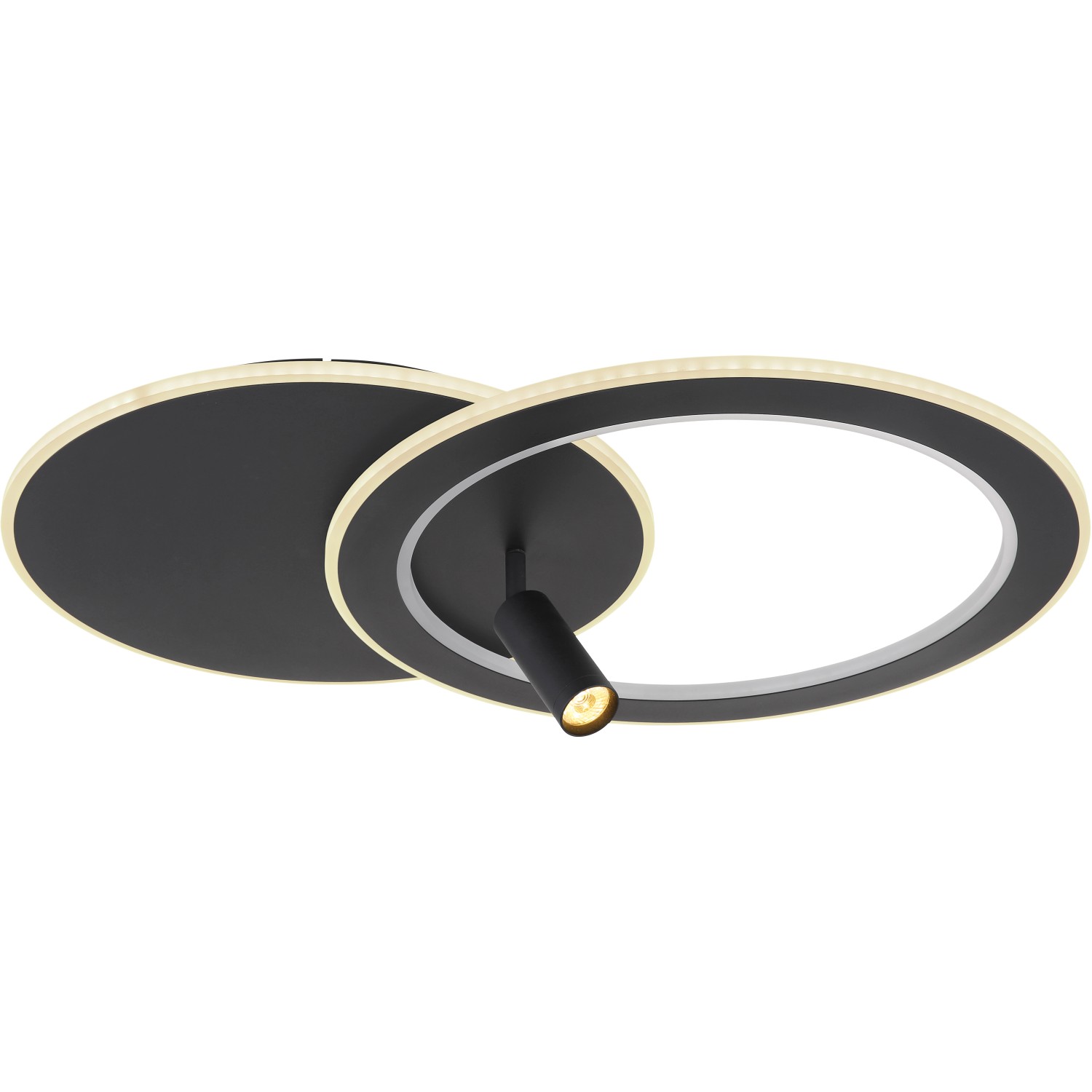 Moderne, schwarze LED-Deckenleuchte Marian mit zwei Ringen und Spot.