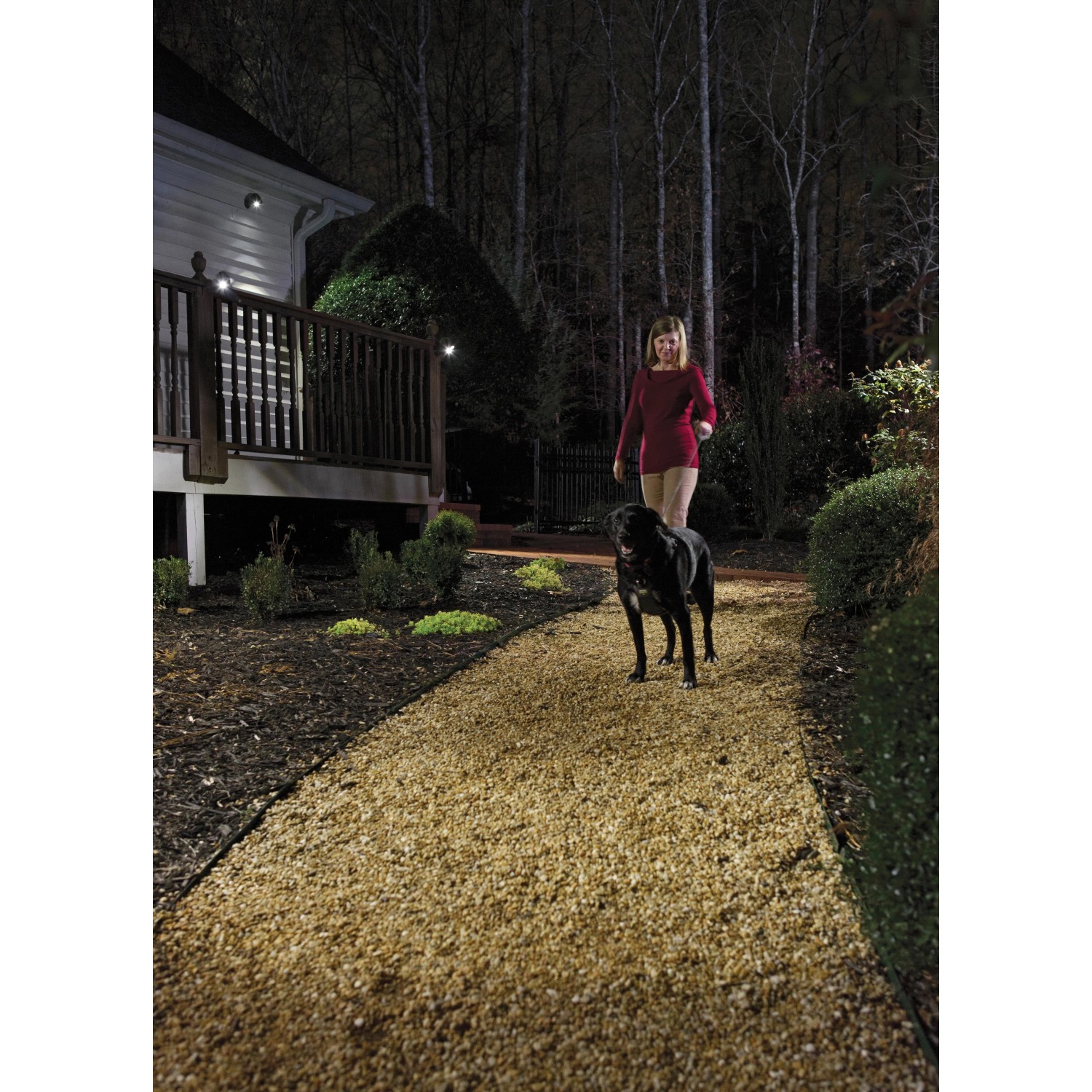 Mr. Beams LED-Außenstrahler im 2er-Pack beleuchten Weg mit Frau und Hund.