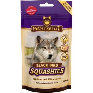 Wolfsblut Squashies Black Bird Hundesnack, 100g Packung mit Truthahn und Süßkartoffel.