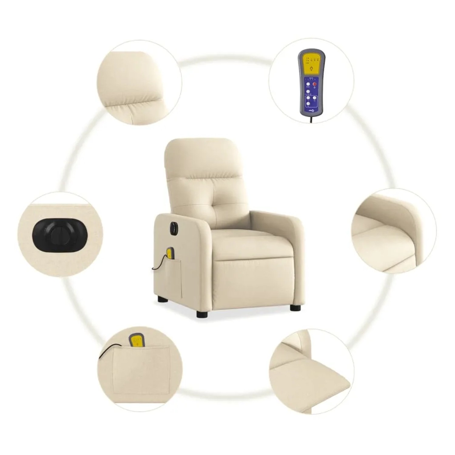 Elektrischer Massagesessel in Creme mit Fernbedienung und Seitentasche.